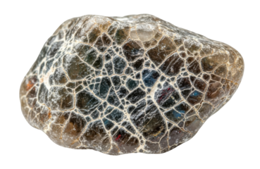 Close-up of a rock with a complex, intricate network of white lines and dark areas.