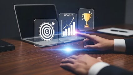 Touching virtual target for business success on laptop screen