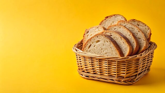 Slices of fresh white bread in a wicker basket on a yellow background - Powered by Adobe