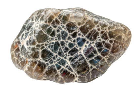 Close-up of a rock with a complex, intricate network of white lines and dark areas.