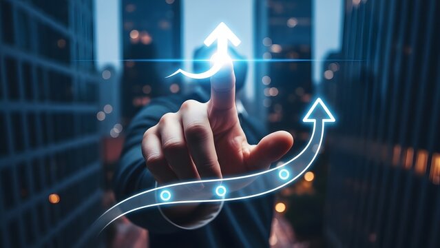 Finger touching growth arrow symbol on digital technology interface