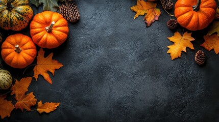 Pumpkins and autumn leaves on a dark background create a seasonal arrangement
