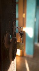 A bunch of keys is inserted in the door lock