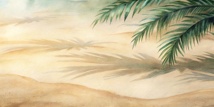 Watercolor painting of palm tree shadows on warm sandy beach