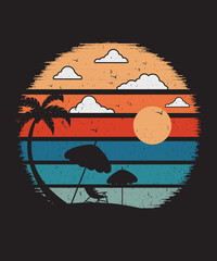 Tropical island with palm trees and an umbrella by the sea in summer vector illustration