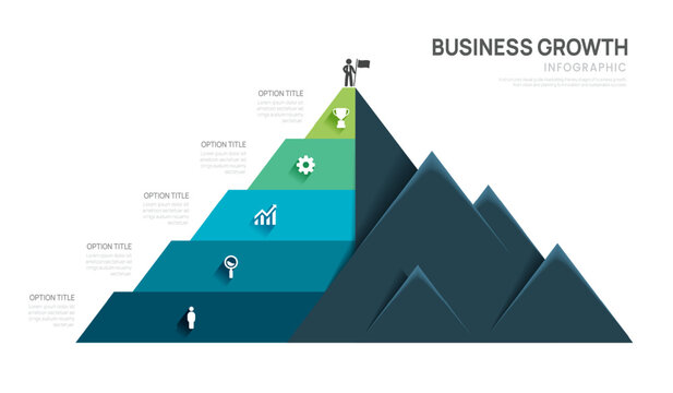 5 Step Business mountain pyramid infographic template. steps to success strategy and financial growth process.
