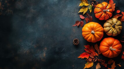 Autumn pumpkins and colorful leaves arranged on a dark textured surface backdrop