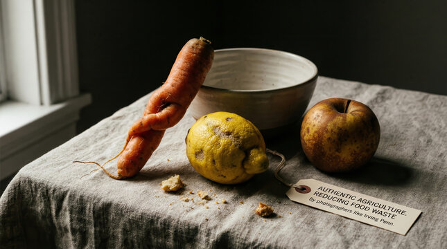 Unusual carrot, lemon, and apple rest on rustic linen tablecloth beside ceramic bowl, highlighting authentic agriculture and reducing food waste in natural, moody setting