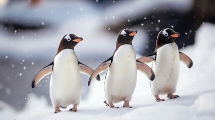 Fototapeta premium Three adorable penguins waddle across a snowy landscape, playfully embracing the falling snow.