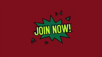 Comic style pop-up overlay with 'JOIN NOW!' text on red background