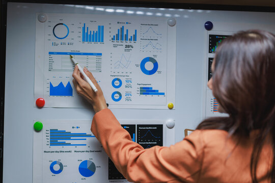 Businesswoman analyzing market data on whiteboard charts - Powered by Adobe