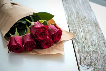 A rustic bouquet of deep red roses on a wooden surface