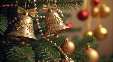 Golden Christmas bell ornament with bow and bead garland hanging on green pine tree branch with blurred festive baubles background