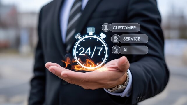 Businessman presents continuous availability and digital assistance options above his palm