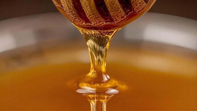 Realistic macro photograph of raw honey dripping from wooden dipper.