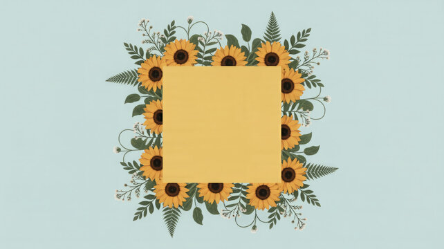 Square frame of sunflowers and green leaves - Powered by Adobe