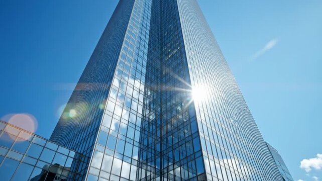 Low-angle view of a modern glass skyscraper with a bright sun flare. Corporate office building exterior with reflections against a blue sky. Business and finance concept