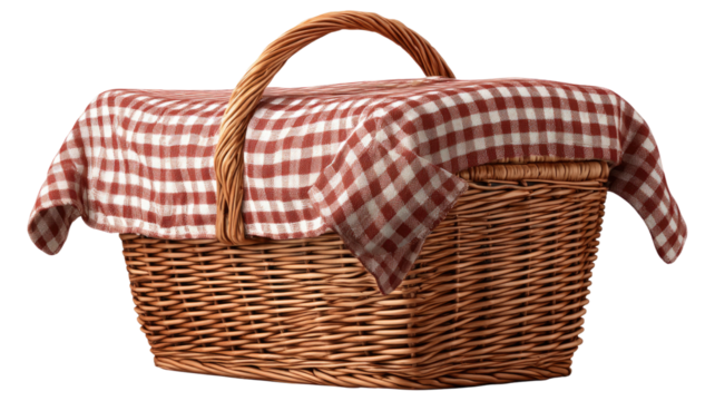 Wicker picnic basket covered with red checkered cloth showing detailed weave texture and rustic outdoor style isolated on white background
