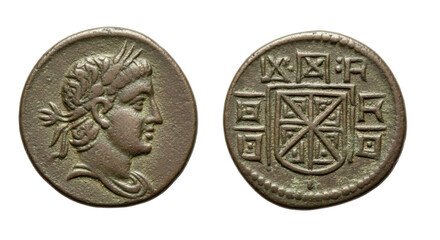 Ancient Roman coin depicting a laureate bust and a geometric design on the reverse side.