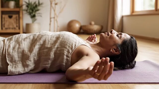 Woman practicing yoga and meditation in savasana pose. Lying on a mat at home for relaxation and stress relief. Mindfulness and wellness lifestyle