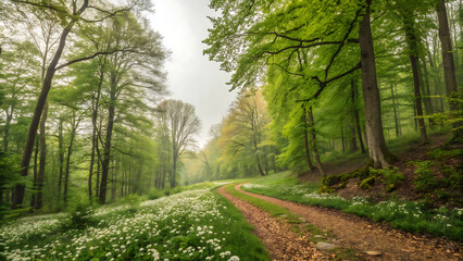 Dirt path through a lush green spring forest