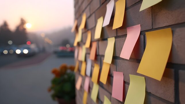 Colorful sticky notes cover a brick wall in the soft light of dawn or dusk with a blurred outdoor street scene in the background