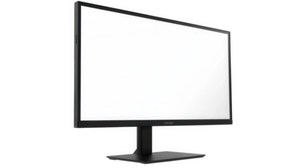 A black computer monitor with a blank white screen displayed on a black stand on a black surface on transparent background