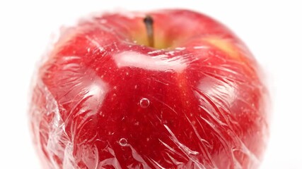 A vertical close-up of a fresh red apple wrapped in plastic cling film. Food preservation and single-use packaging concept on a white background. - Powered by Adobe