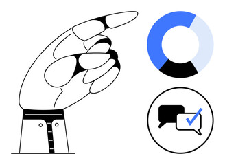 Outlined hand gestures toward a pie chart representing data analysis and conversation bubbles indicating confirmed decisions. Ideal for business strategy, communication, validation, teamwork, task