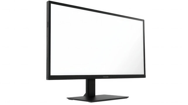 A black computer monitor with a blank white screen displayed on a black stand on a black surface on transparent background