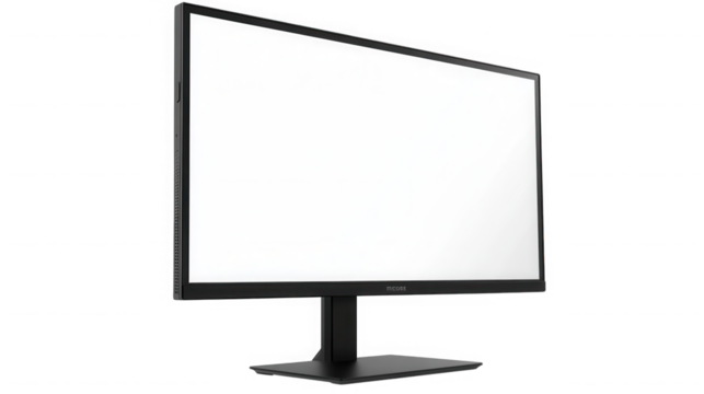 A black computer monitor with a blank white screen displayed on a black stand on a black surface on transparent background