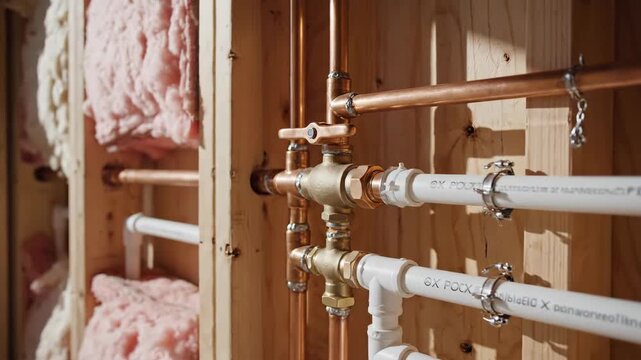 New plumbing installation with copper and PEX pipes inside a wall frame. Close-up of a residential water supply system at a construction site. Home building and renovation