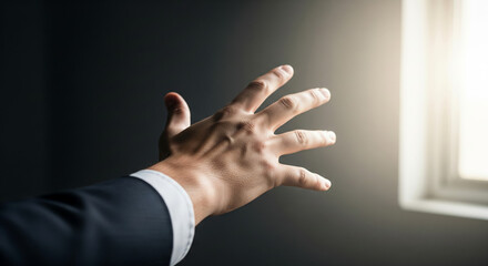 Businessman reaching towards the light symbolizing hope and opportunity