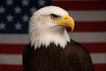 Obraz premium Majestic Bald Eagle: An up-close portrait of a dignified bald eagle, with its piercing gaze, a symbol of freedom, standing proudly against the backdrop of the American flag. 