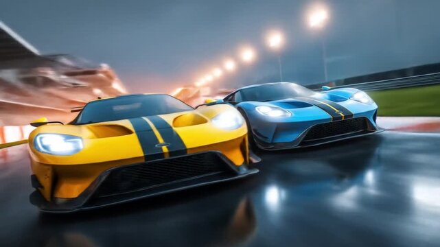 Two neon-accented race cars roar on a slick track under glowing city lights, reflections glow softly