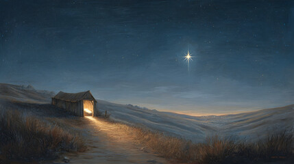 A serene nativity background featuring an empty manger under a bright shining star