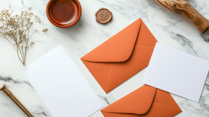 Flat lay of blank white cards, terracotta envelopes, wax seal, and gypsophila flowers on a luxurious marble background.