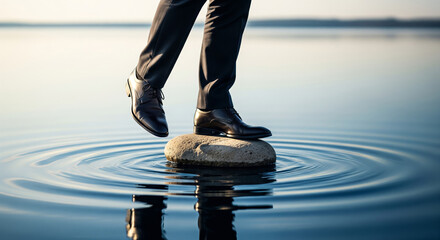 Businessman balancing on a single stepping stone in calm water symbolizing strategic risk and stability