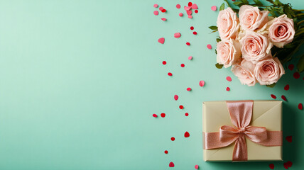 Gift box with a rose gold ribbon, pink roses, and confetti on a pastel mint green background with ample copy space.