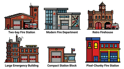 A collection of six different fire station building illustrations in various pixel art and vector styles.