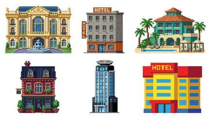 Pixelated illustrations of various hotel buildings, showcasing diverse architectural styles and designs.