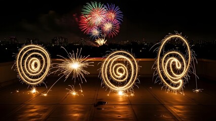 Sparklers create glowing spiral patterns on a dark surface with fireworks exploding in the night sky above.