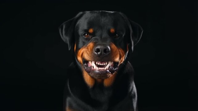 Rottweiler marron et noir qui grogne pour prot&eacute;ger sa maison, il est f&eacute;roce. Isol&eacute; sur fond noir 