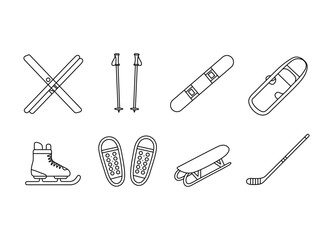 Collection of winter sports equipment in a line drawing style for posters and marketing materials about winter adventures and activities