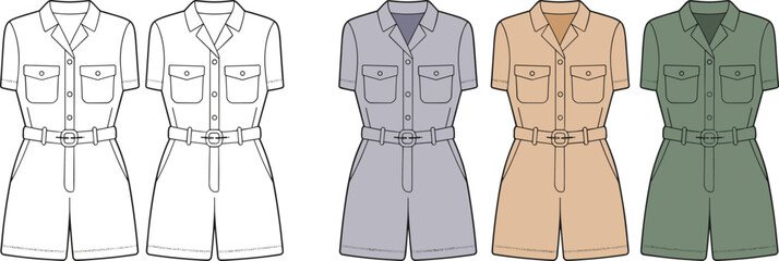 Flat fashion illustration of five short sleeve romper outfits in various colors and line art jumpsuit