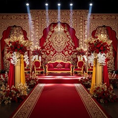 Elaborate indian wedding stage decor featuring rich red drapes and golden accents