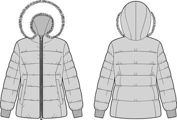 Front and back view of a gray puffer jacket with fur-lined hood and zipper winter coat outerwear © ripon29