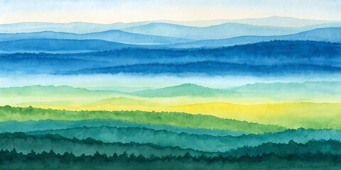 Watercolor misty mountain landscape with vibrant blue and green.