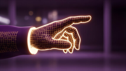Glowing hand pointing with binary code skin