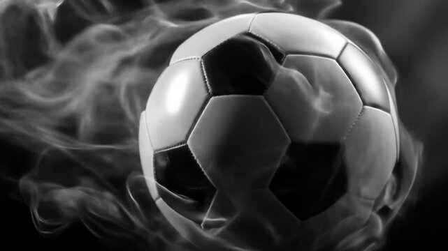 Monochrome soccer ball glides through ethereal smoke, dramatic light highlighting pentagons, vivid.!